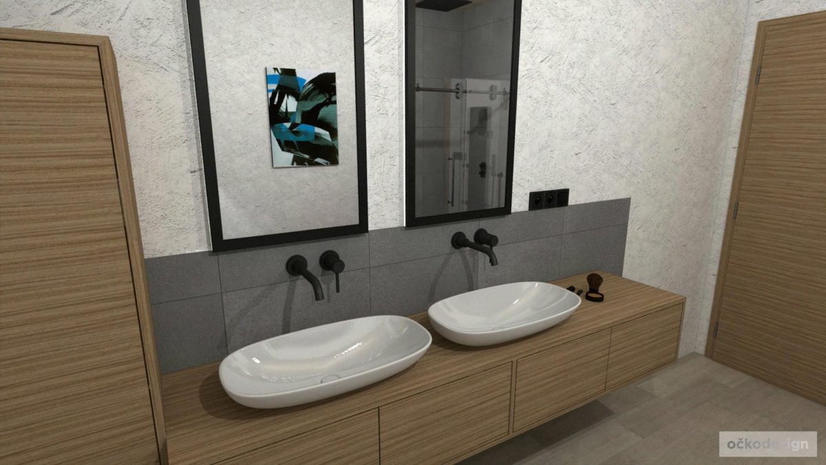 Minimalistická koupelna,volně stojící vana, moderní koupelna,černá vana, vinyl v koupelně, stěrka v koupelně
