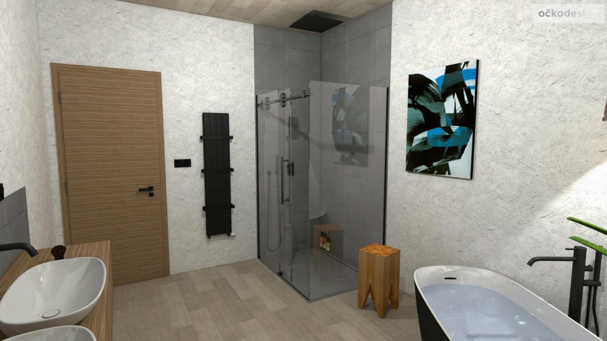 Minimalistická koupelna,volně stojící vana, moderní koupelna,černá vana, vinyl v koupelně, stěrka v koupelně